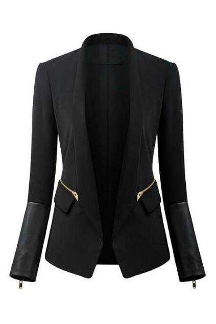 Romwe Romwe Zippered Lapel Pu Panel Slim Black Blazer