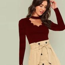 Romwe Choker Neck Scallop Trim Skinny Tee