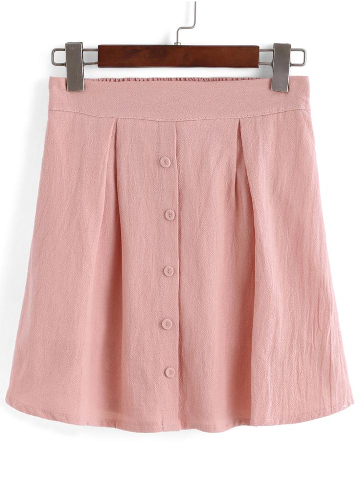 Romwe Single-breasted Pleated Pink Skirt