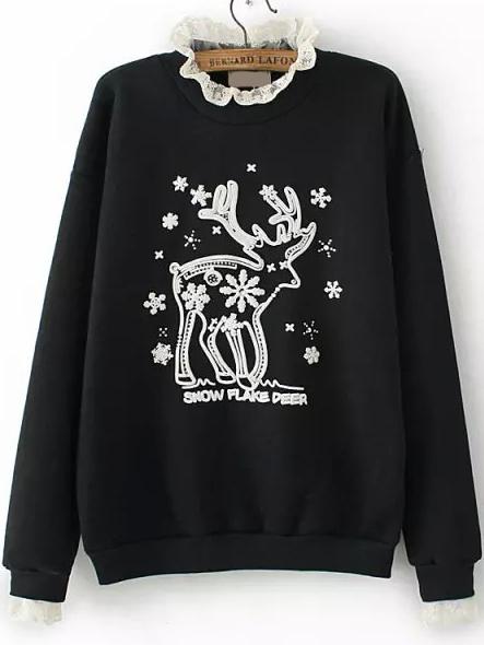Romwe Stand Collar Contrast Lace Bead Deer Pattern Black Sweatshirt