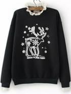 Romwe Stand Collar Contrast Lace Bead Deer Pattern Black Sweatshirt