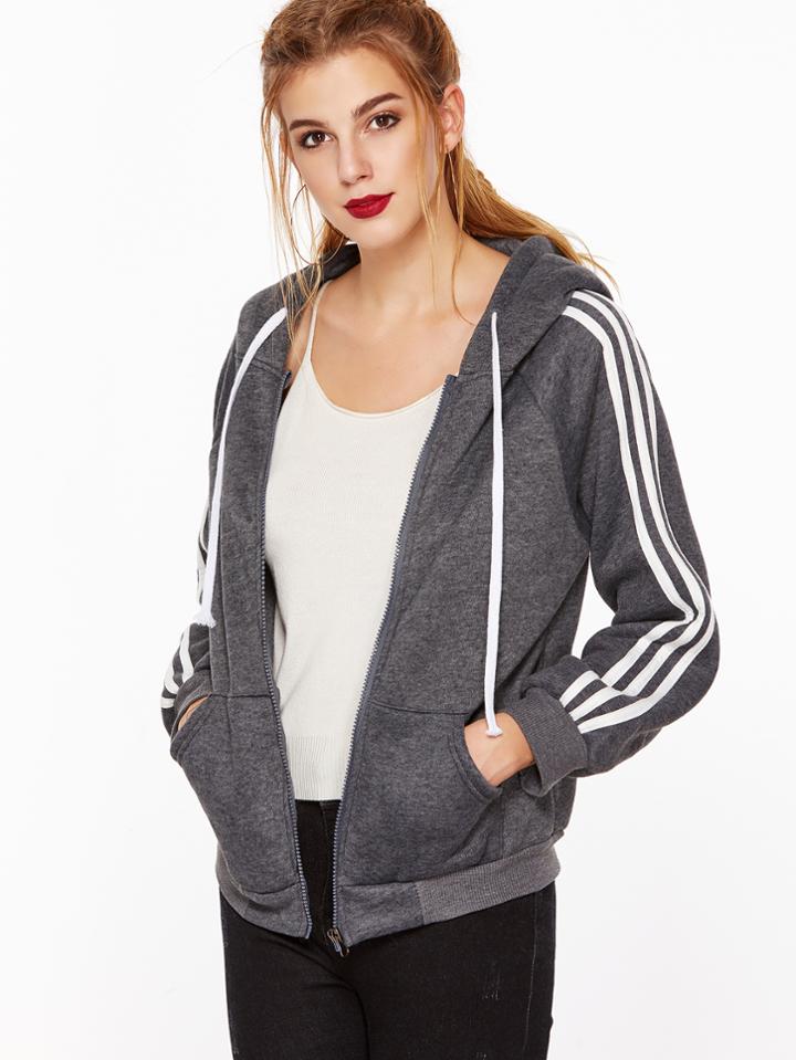 Romwe Dark Grey Hooded Raglan Sleeve Striped Trim Sweatshirt