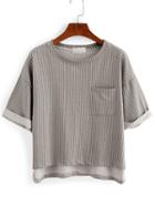 Romwe Vertical Striped High-low Pocket T-shirt - Grey