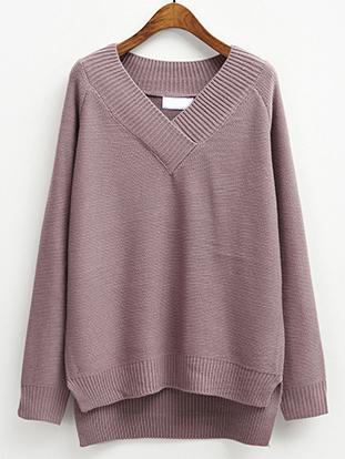 Romwe V Neck Raglan Sleeve Dip Hem Purple Jumper