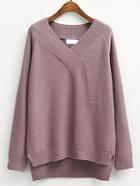 Romwe V Neck Raglan Sleeve Dip Hem Purple Jumper