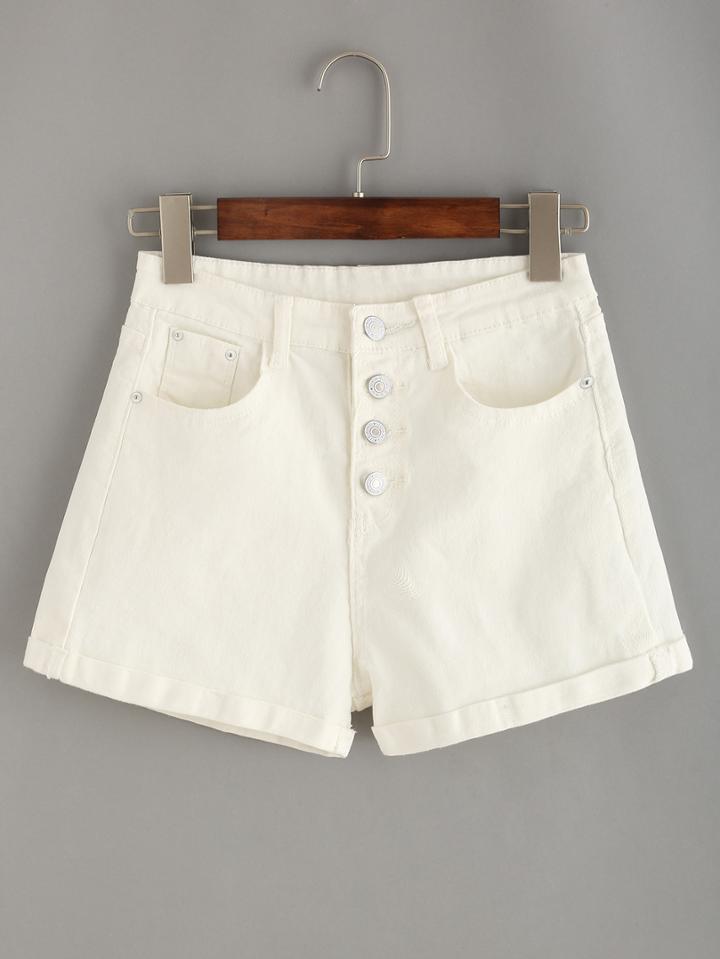 Romwe Buttoned Fly White Denim Shorts