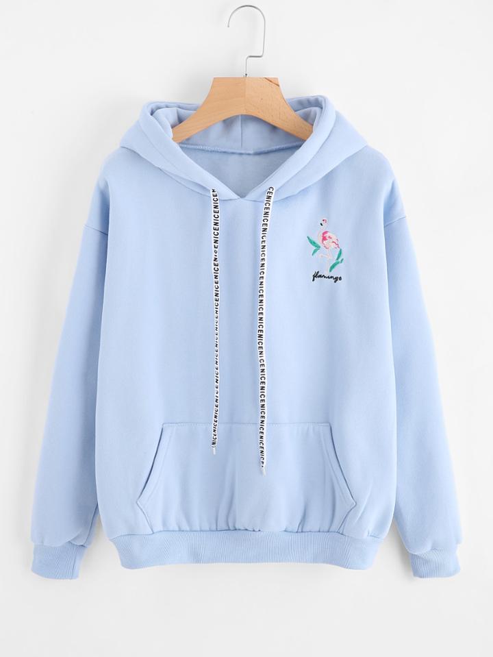 Romwe Flamingo Embroidered Kangaroo Pocket Hoodie