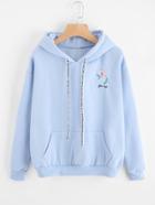 Romwe Flamingo Embroidered Kangaroo Pocket Hoodie