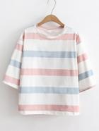 Romwe Block Striped Elbow Sleeve Tee