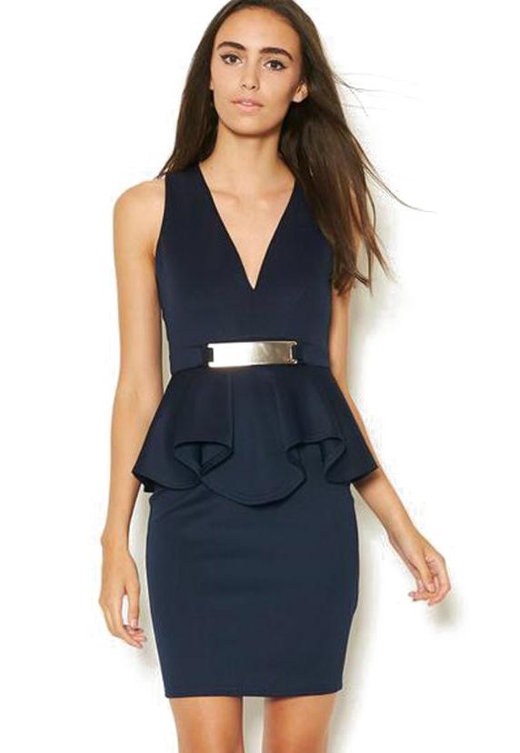 Romwe V Neck Sleeveless Ruffle Bodycon Navy Dress