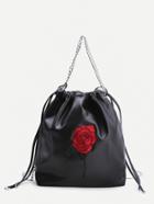 Romwe Black Rose Embroidery Drawstring Bucket Bag