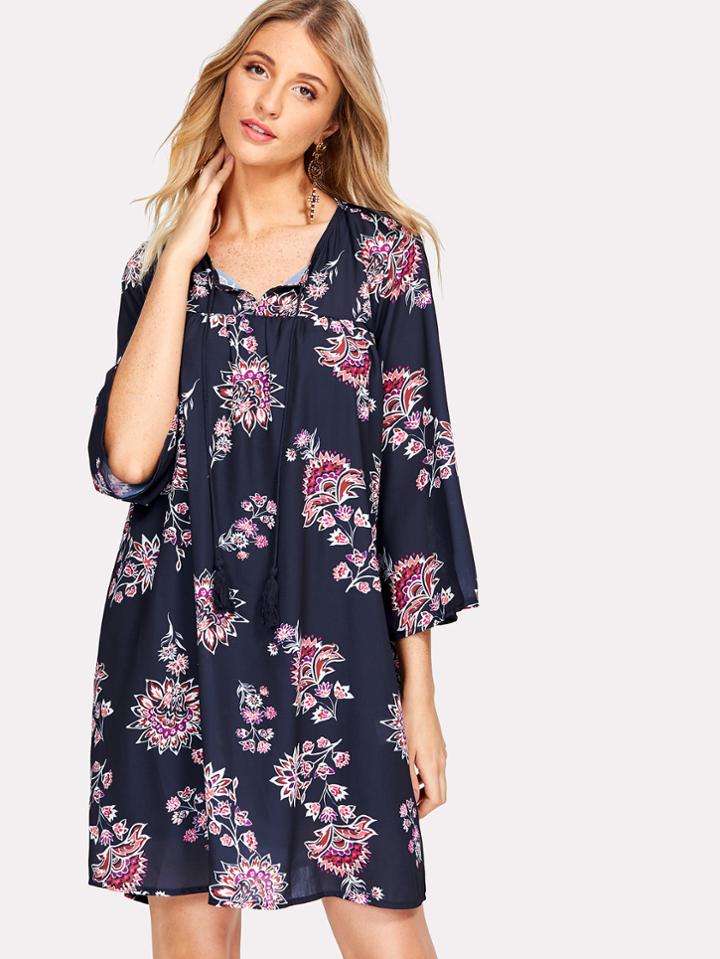 Romwe Tassel Tie Neck Tribal Floral Dress
