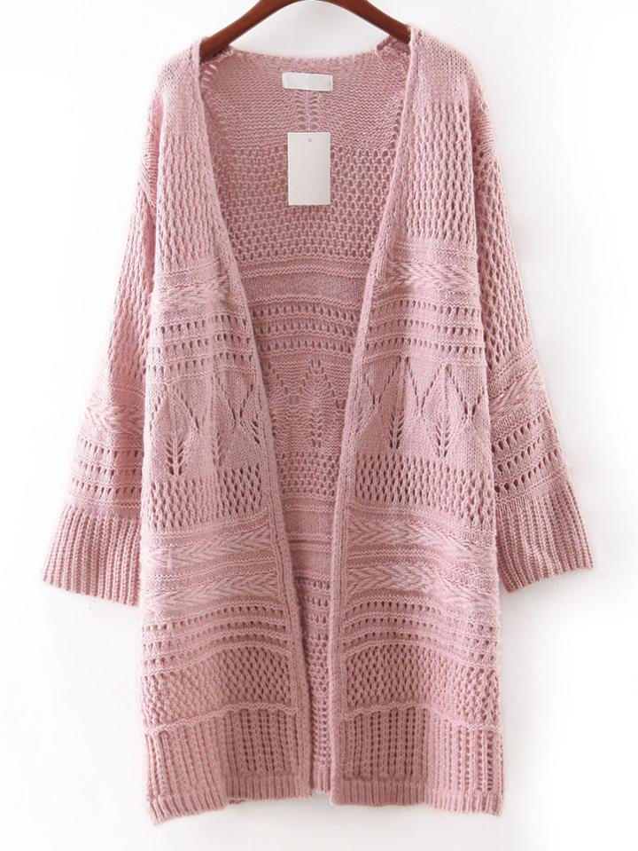 Romwe Pink Hollow Plain Long Cardigan