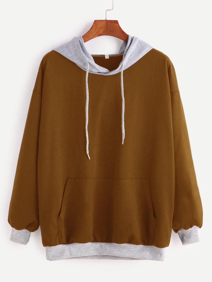 Romwe Khaki Contrast Drop Shoulder Drawstring Hooded Pocket Sweatshirt