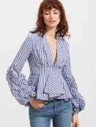 Romwe Gathered Sleeve Box Pleated Striped Plunging Peplum Top