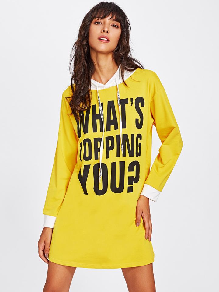 Romwe Letter Print Hooded Sweatshirt Dress