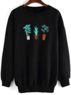 Romwe Black Round Neck Cactus Embroidered Sweatshirt
