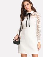 Romwe Daisy Lace Sleeve Tie Neck Tweed Dress