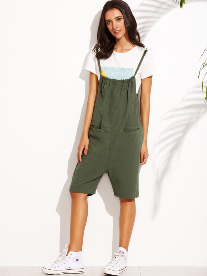 Romwe Olive Green Drop Crotch Cami Romper