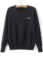 Romwe Navy Seagull Embroidered Ribbed Trim Sweater
