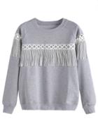 Romwe Grey Lace Insert Fringe Sweatshirt
