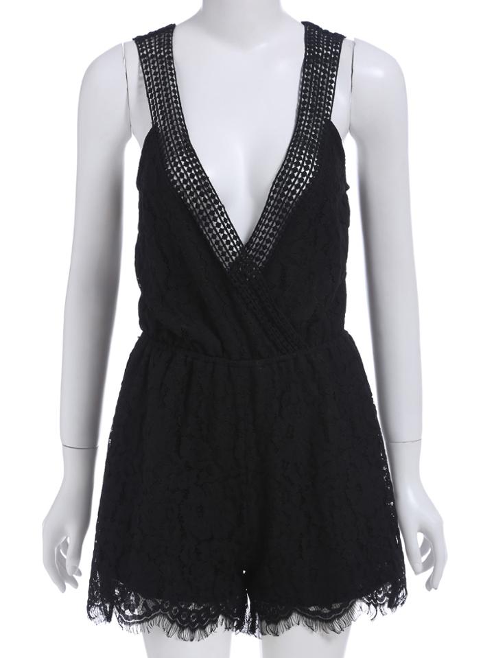 Romwe Deep V Neck Hollow Lace Romper