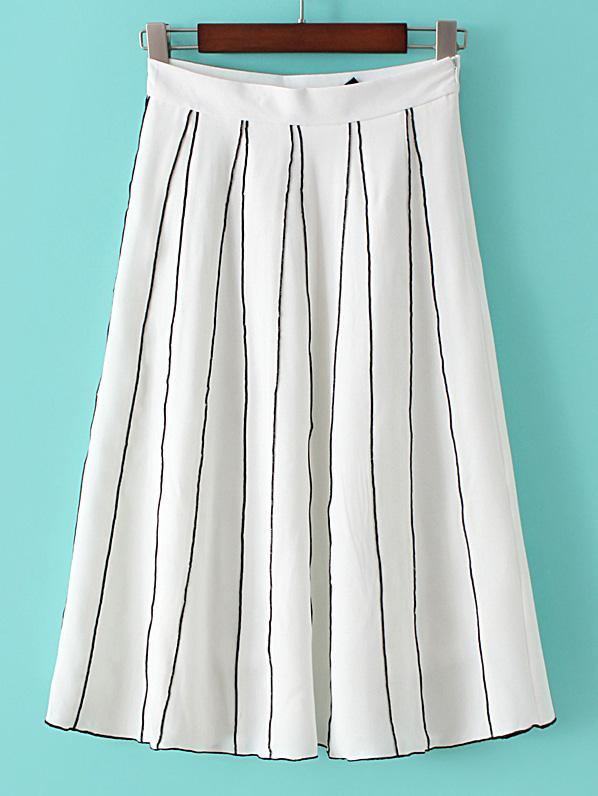 Romwe White Vertical Stripe Zipper Pleated Skirt