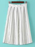 Romwe White Vertical Stripe Zipper Pleated Skirt