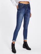 Romwe Cuffed Embroidered Skinny Jeans