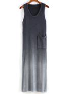 Romwe Sleeveless With Pocket Ombre Dark Blue Dress