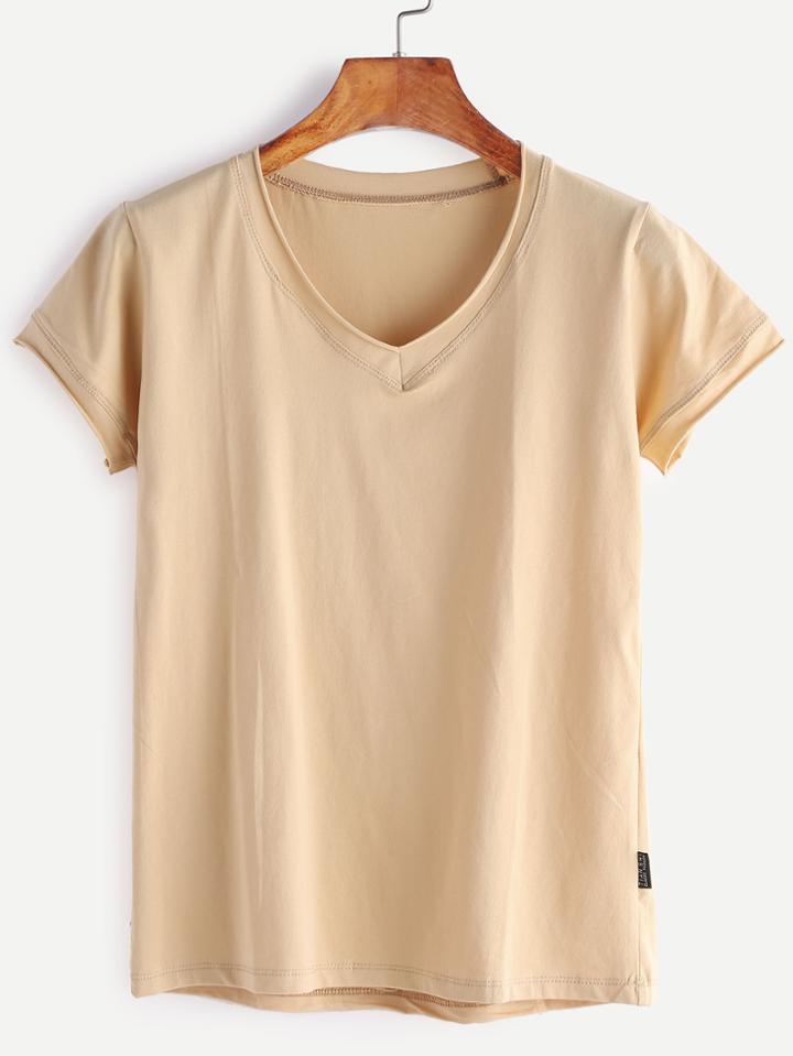 Romwe Khaki V Neck Casual T-shirt