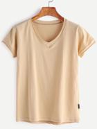 Romwe Khaki V Neck Casual T-shirt