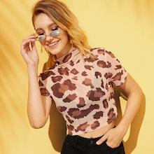 Romwe Mock Neck Leopard Print Tee