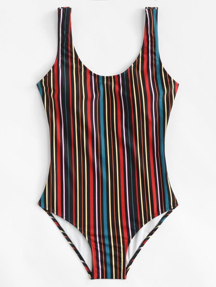 Romwe Low Back Vertical Striped Swimsuit