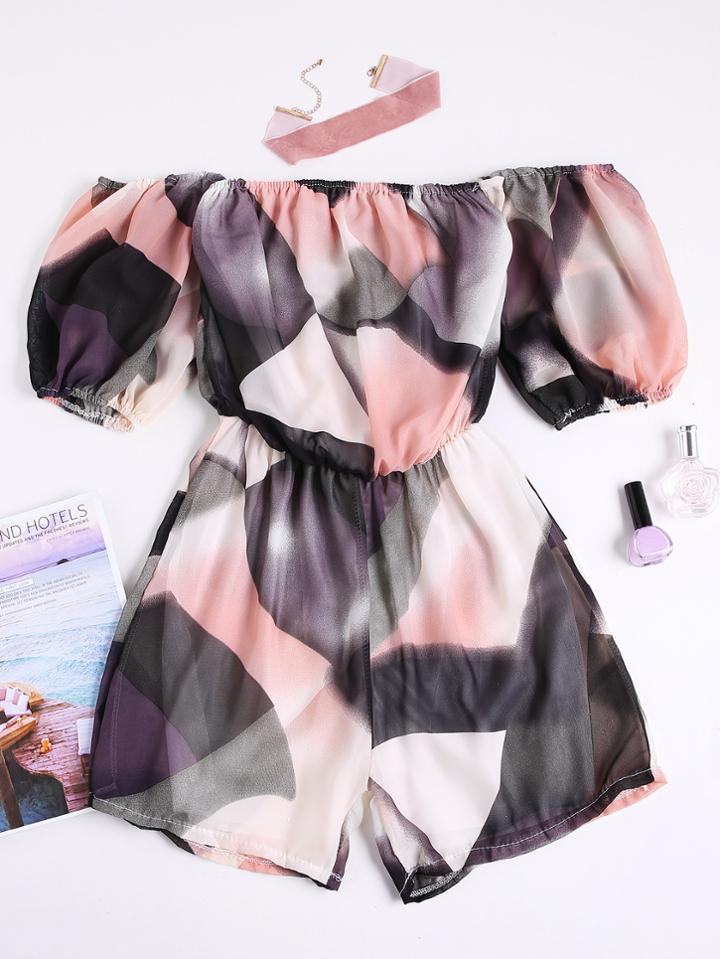 Romwe Bardot Geometric Print Elastic Waist Romper