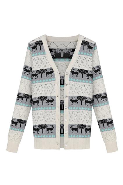 Romwe Deer Knitted Striped Grey Cardigan