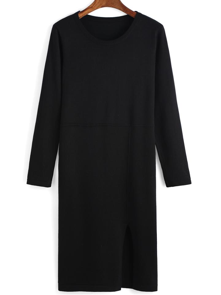 Romwe Long Sleeve Slit Knit Black Dress