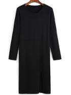 Romwe Long Sleeve Slit Knit Black Dress
