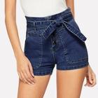 Romwe Contrast Stitch Self Belted Buttoned Denim Shorts