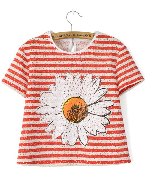 Romwe Striped Hollow Orange T-shirt