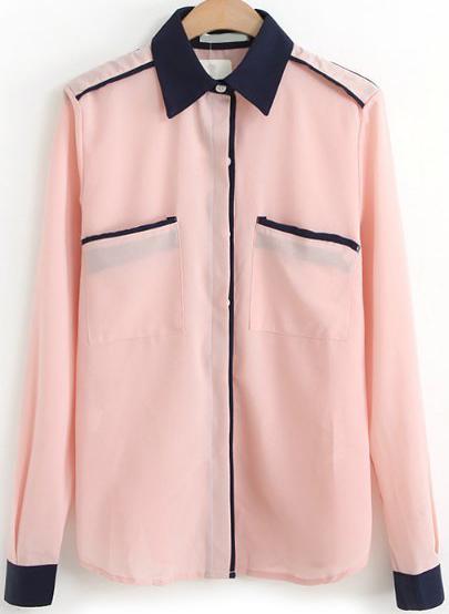 Romwe Contrast Lapel Chiffon Pink Blouse