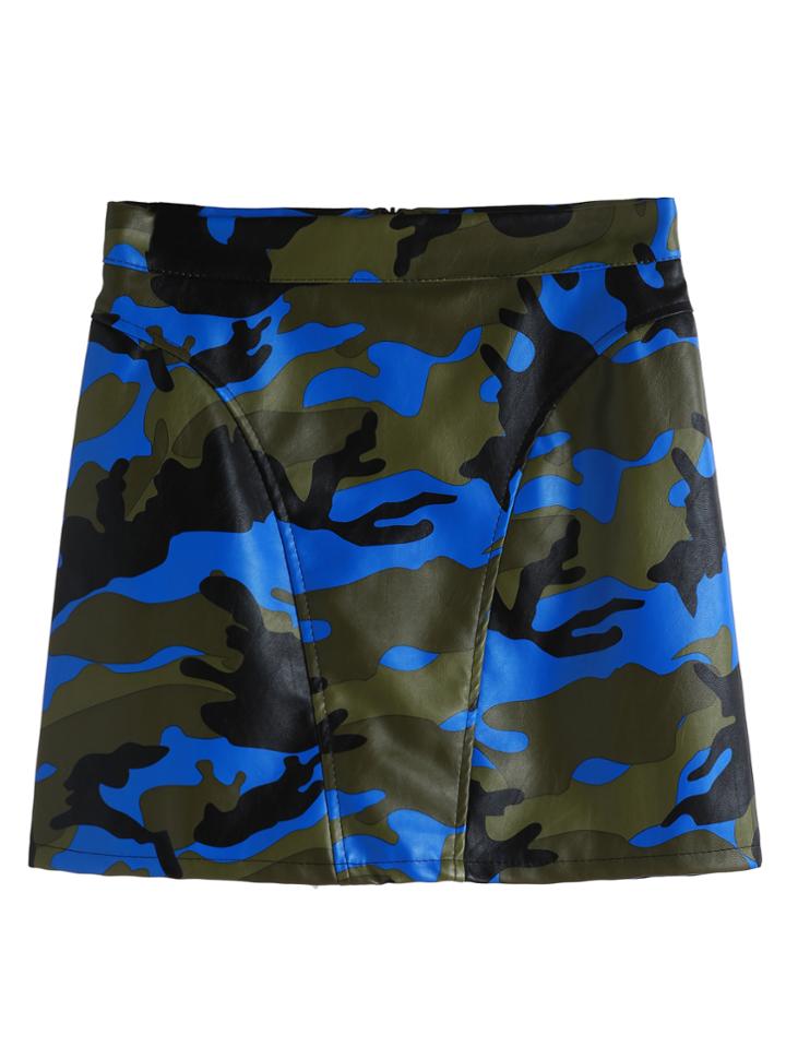 Romwe Camo Print Faux Leather Zip Skirt