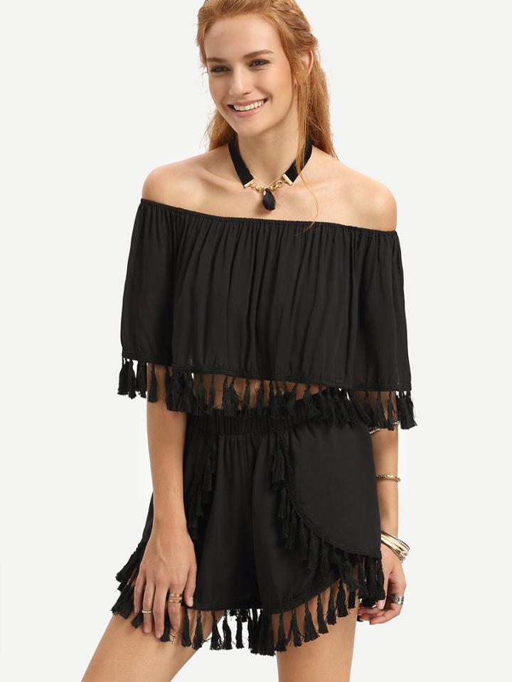 Romwe Black Tassel Trimmed Off The Shoulder Top With Wrap Shorts