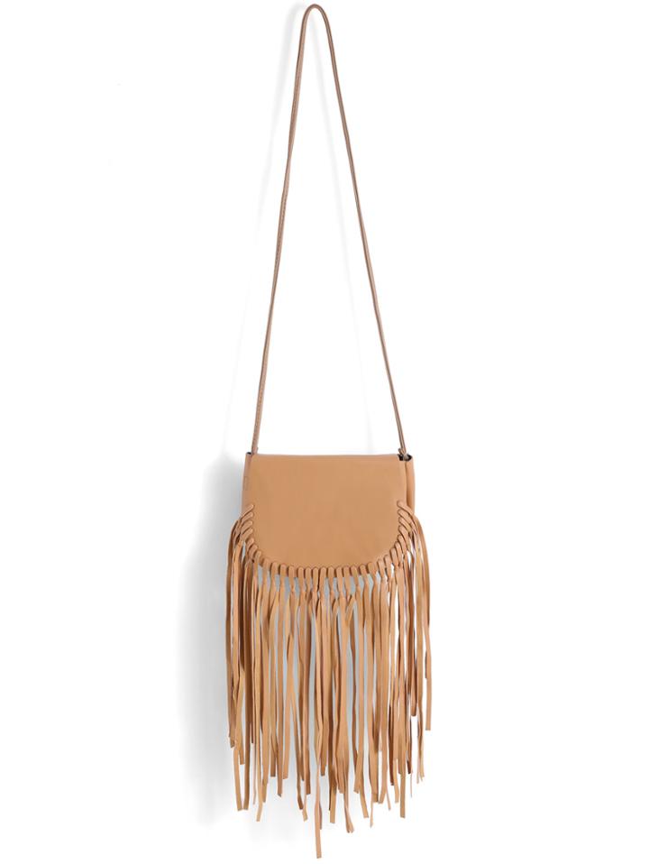 Romwe Khaki Tassel Pu Shoulder Bag