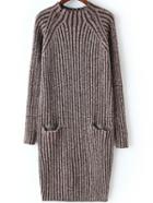 Romwe Mock Neck Vertical Striped Pockets Coffee Sweater Dress