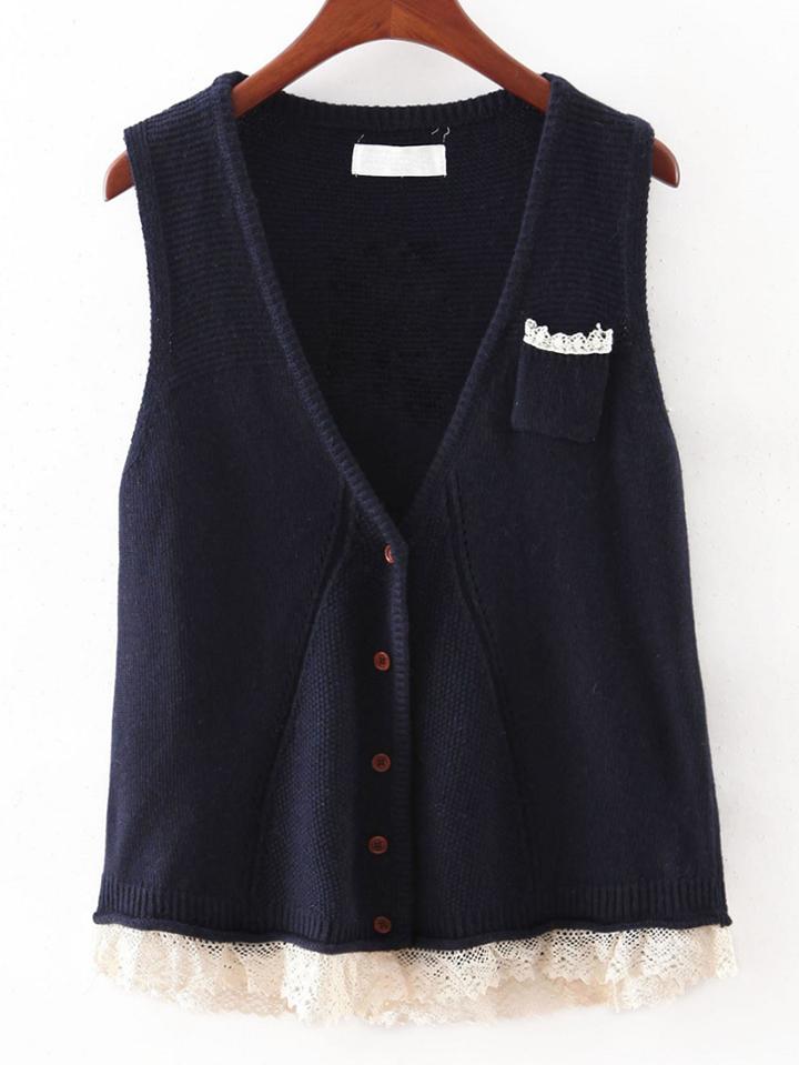 Romwe Navy V Neck Crochet Hem Button Sweater Vest
