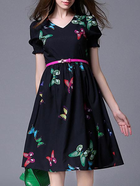 Romwe Black V Neck Butterfly Print Belted Dress