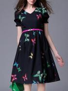 Romwe Black V Neck Butterfly Print Belted Dress