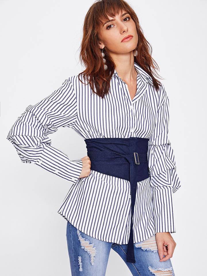 Romwe Obi Belt Detail Gathered Sleeve Pinstripe Blouse