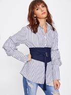 Romwe Obi Belt Detail Gathered Sleeve Pinstripe Blouse